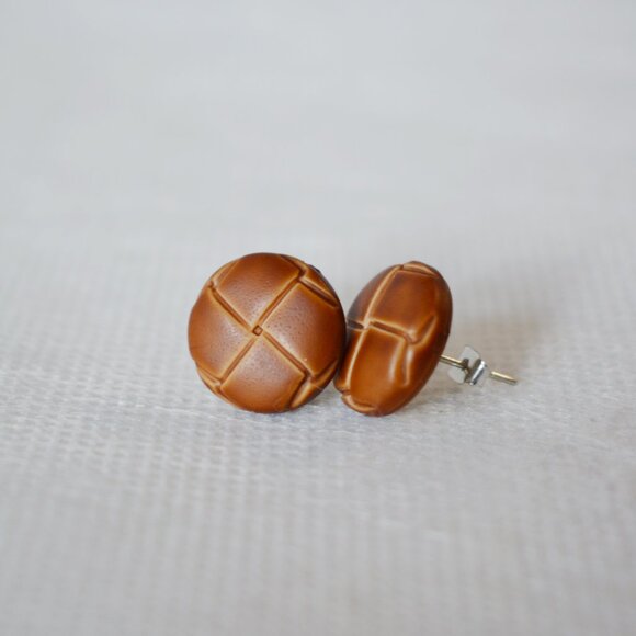 Brown Woven Button Stud Earrings - Picture 2 of 5